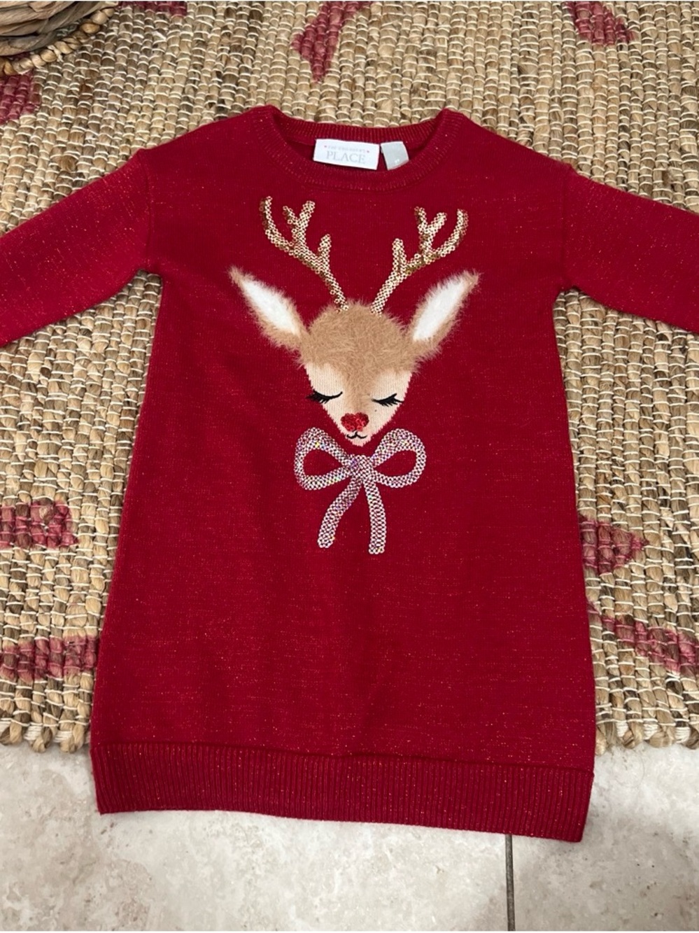 The Children's Place Red Reindeer Knit Sweater Dress